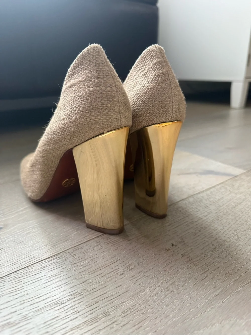 Tory Burch Natural Beige Textured Block Heel Pumps